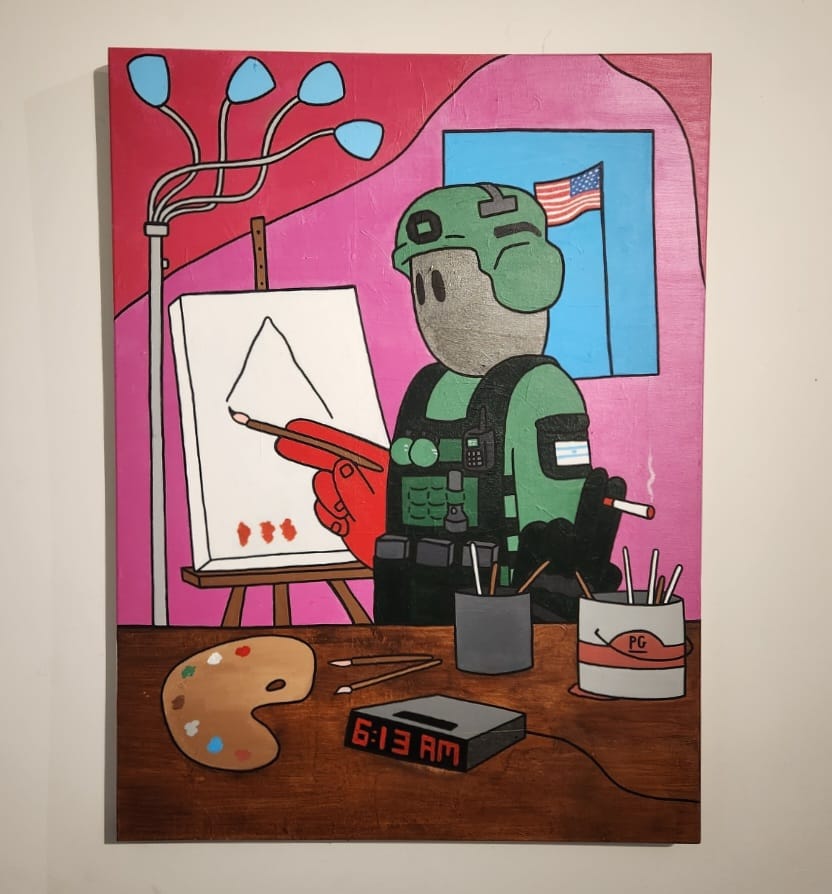 An acrylic painting depicting an IDF soldier beginning to paint what appears to be a hood on a canvas, with the American flag flying in the background.