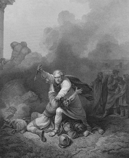 black and wide drawing of the rural priest Mattathias slaying a Jewish apostate