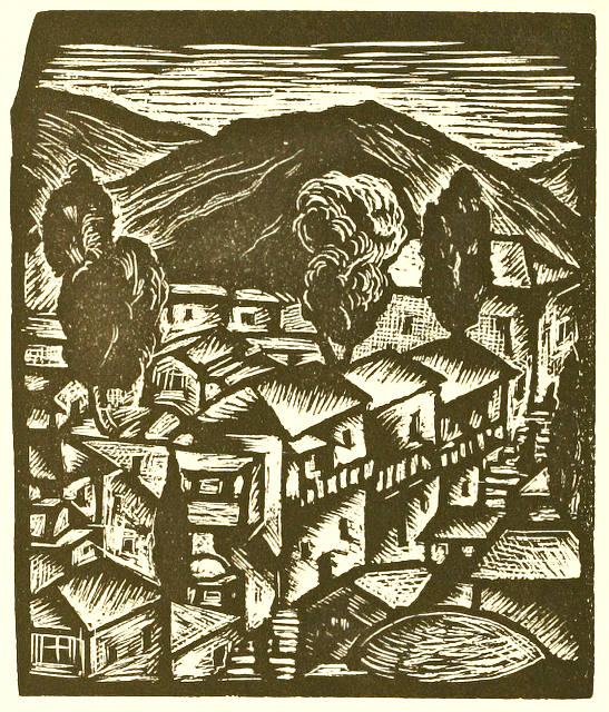 woodcut of village with hills in background