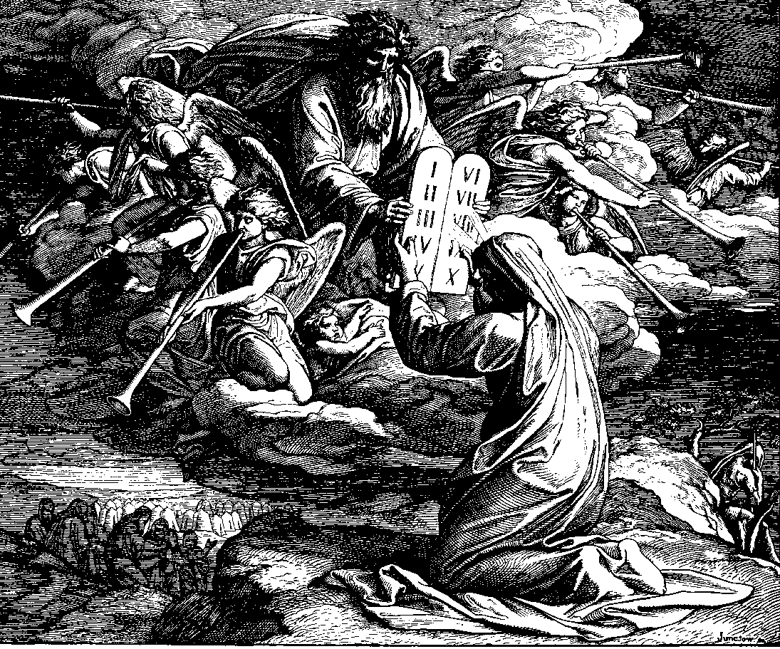 A detailed black-and-white woodcut depicts Moses receiving the Ten Commandments from God, surrounded by angels blowing horns.