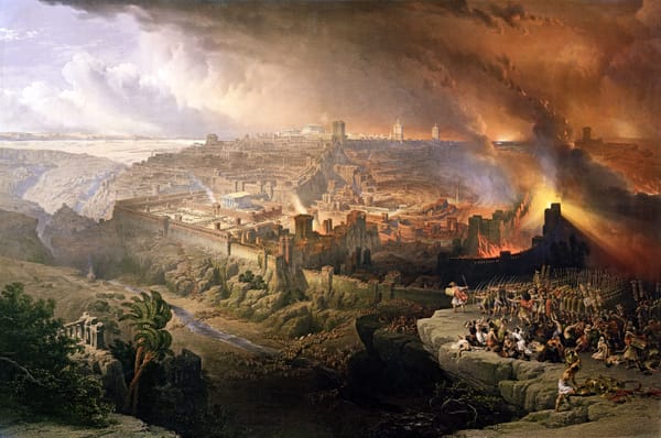 Dramatic oil painting depicting the siege and destruction of Jerusalem by the Romans, with the city partially on fire.