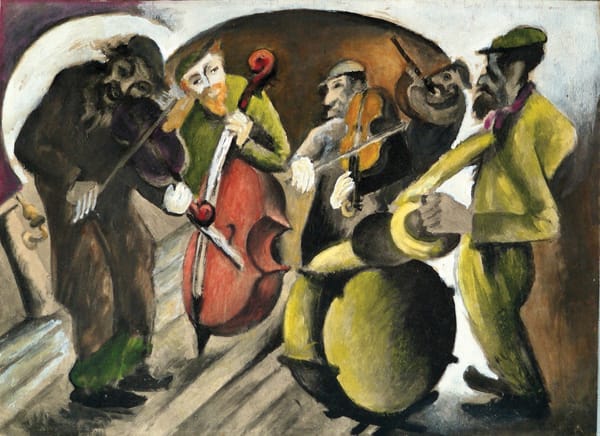 painting of five jewish musicians playing two violin, a cello, flute, and percussion